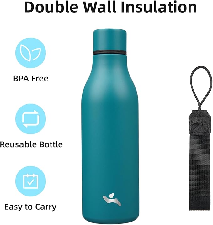 Insulated Water Bottle with Strap, 18 oz Double Wall Stainless Steel Vacuum - Image 3