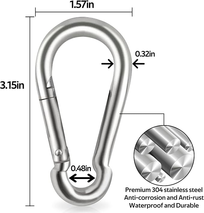 Locking Carabiner Clips, Stainless Steel Spring Snap Hook Locking Carabiner - Image 2