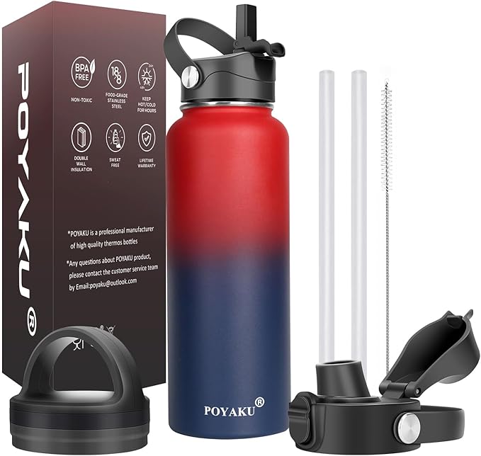 Water Bottle Insulated 32oz 40oz 64oz 128oz Straw Lid Spout Lid & 3 Lids by POYAKU