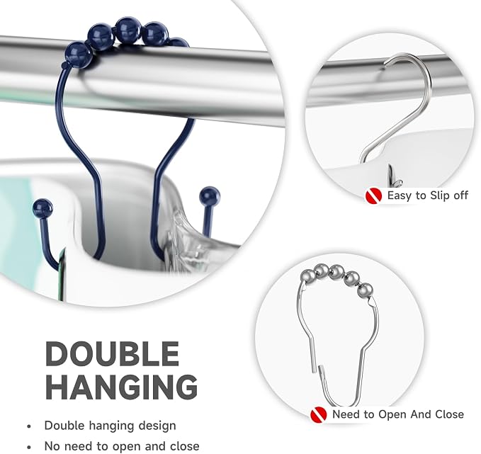 Bathway Shower Curtain Hooks, Shower Curtain Rings Rust Proof Navy Blue Double - Image 3