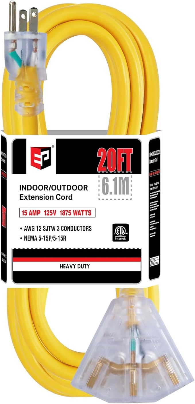 EP 20 Ft 12 Gauge Heavy Duty Extension Cord, 15A 125V 1875W, 3 Outlet by ENERGYPRO