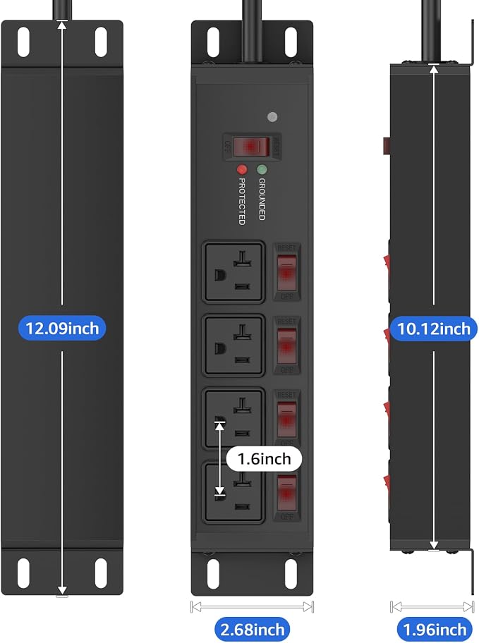 CCCEI Heavy Duty Surge Protector Power Strip 20 Amp Individual Switches. 10FT - Image 7