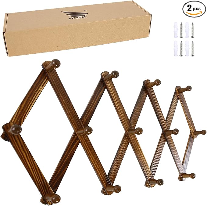 AMAPON Accordion Style Expandable Wall Wooden Coat Rack 13 Hooks Hang Hats by AMAPON
