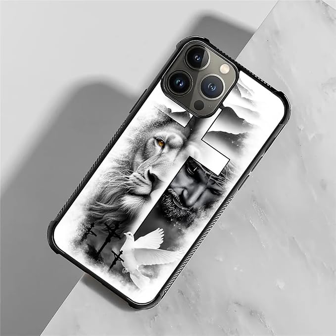 for iPhone 15 Pro Max Case, Lion Cross Jesus Christ Dove Pattern Graphic Design - Image 2