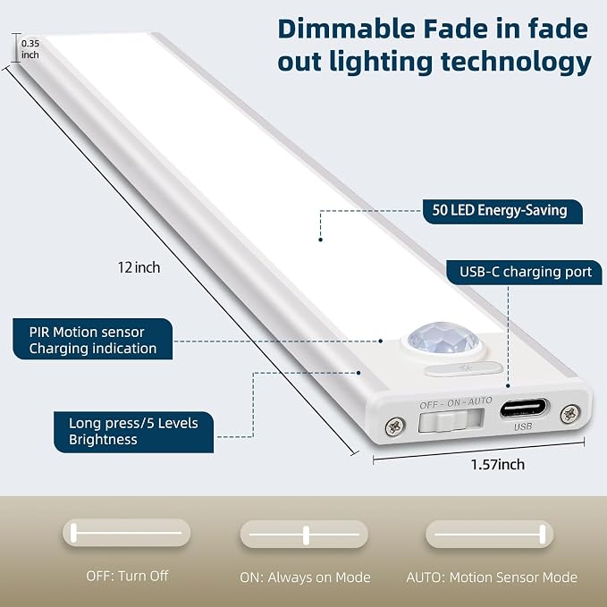 12inch Under Cabinet Lighting, 4 Pack Rechargeable Motion Sensor Light Indoor - Image 7