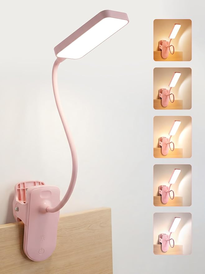 Pink Desk Lamp with Clamp Light, 9 Brightness+5 Color Clip on Light, 4000mAh by Unknown