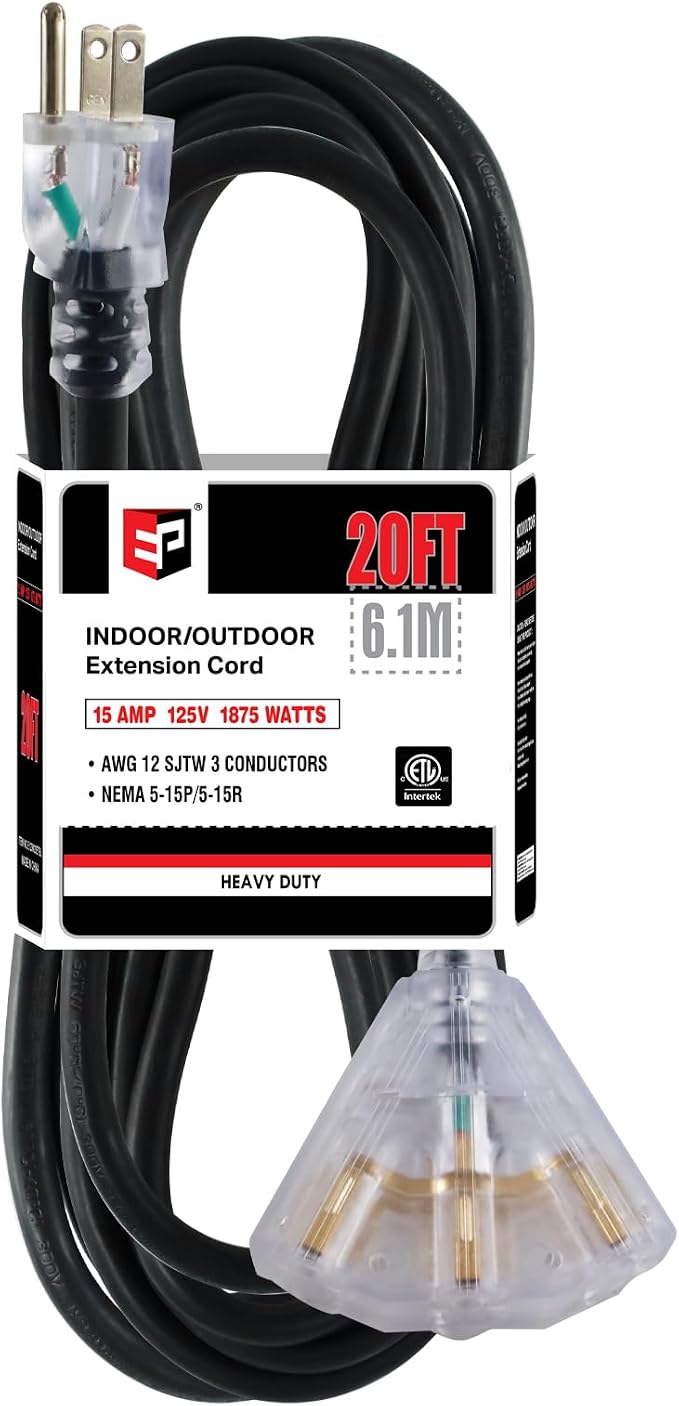 EP 20 Ft 12 Gauge Heavy Duty Extension Cord, 15A 125V 1875W, 3 Outlet by ENERGYPRO
