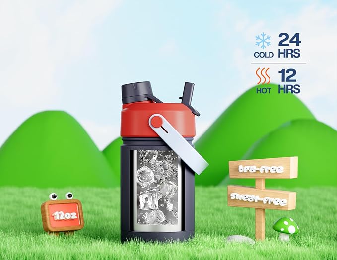 12 oz Kids Metal Water Bottle for Boys: 2-in-1 Straw Spout Lid, Spill-Proof - Image 2