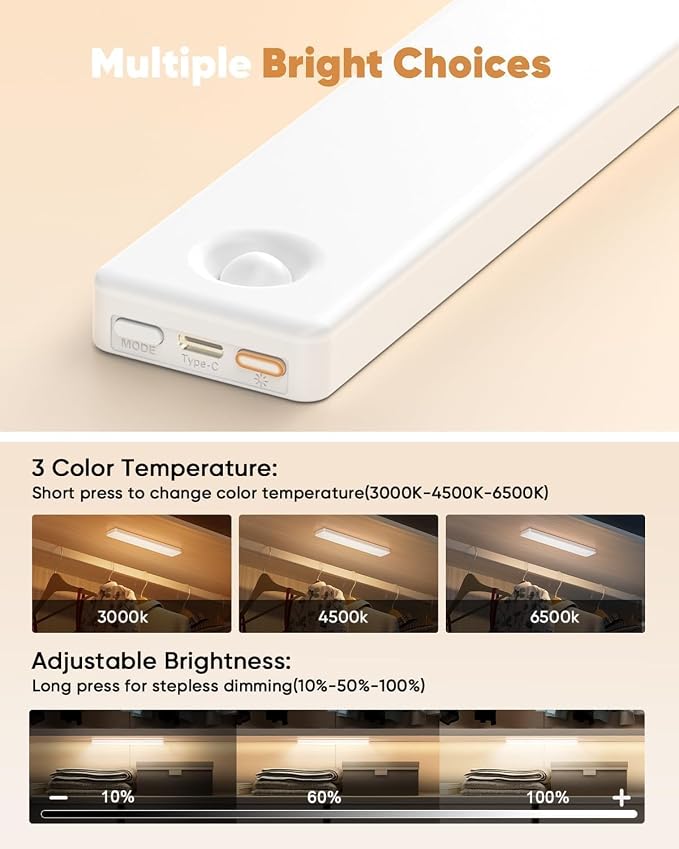 Under Cabinet Lighting, 3 Color Temperatures Motion Sensor Light Indoor 2 Pack - Image 3