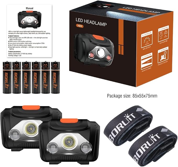 BORUIT LED Headlamp Red White Light Head Lamp AAA Battery Super Bright - Image 7