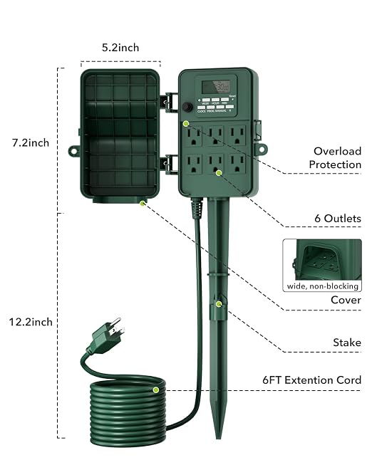 BN-LINK Outdoor Power Stake, 7-Day Programmable Digital Timer, 6 Outlets - Image 5