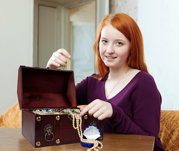 SICOHOME Large Treasure Chest 9.4“x6.9”x7“ Wooden Pirate Treasure Box - Image 3