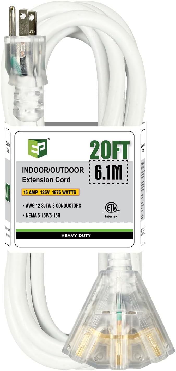 EP 20FT 12 Gauge Heavy Duty Extension Cord, 15A 125V 1875W, 3 Outlet by ENERGYPRO