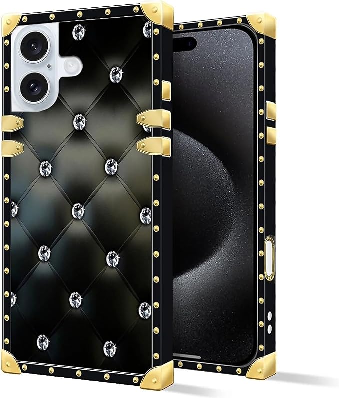 Compatible with iPhone 16 Case, Shiny Black Sofa Crystal Luxury Golden - Image 2