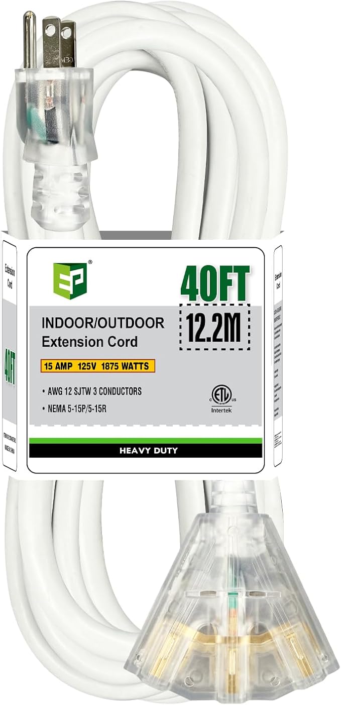 EP 40FT 12 Gauge Heavy Duty Extension Cord, 15A 125V 1875W, 3 Outlet by ENERGYPRO
