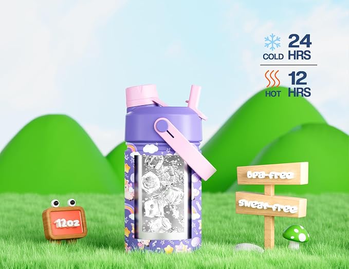 12 oz Insulated Water Bottle for Kids: 2-in-1 Straw Spout Lid, Spill-proof - Image 5