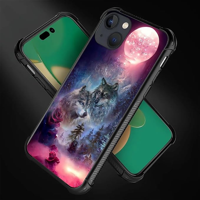 for iPhone 14 Plus Case, Star Two Wolfs Howling Pattern Graphic Design Girl Boy - Image 2