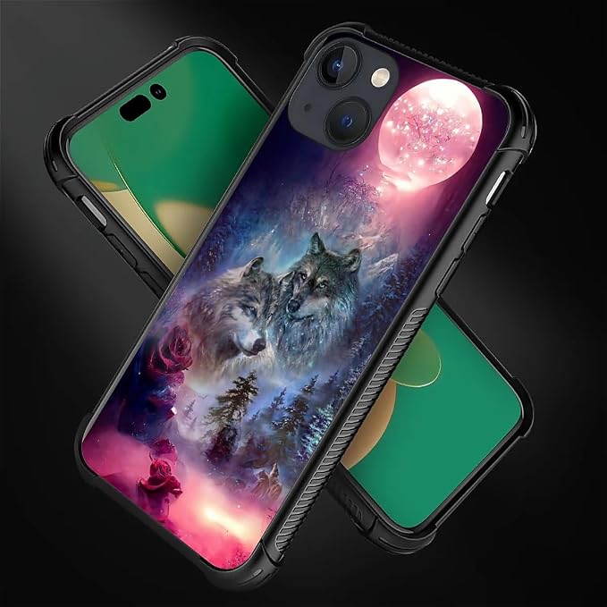 for iPhone 14 Case, Star Two Wolfs Howling Pattern Graphic Design Girl Boy Soft - Image 3