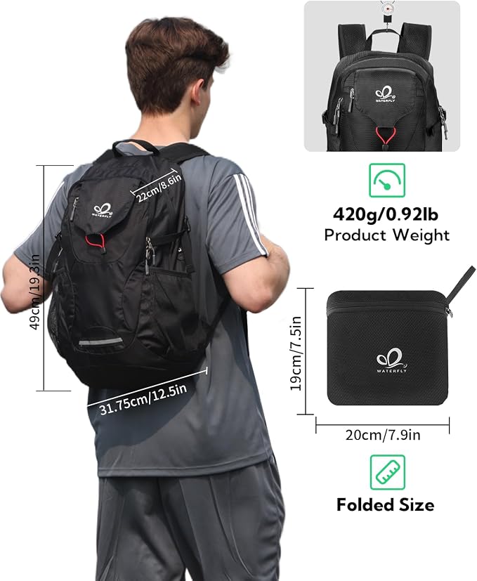 WATERFLY Lightweight Packable Hiking Backpack: 30L Foldable Travel Daypack - Image 2