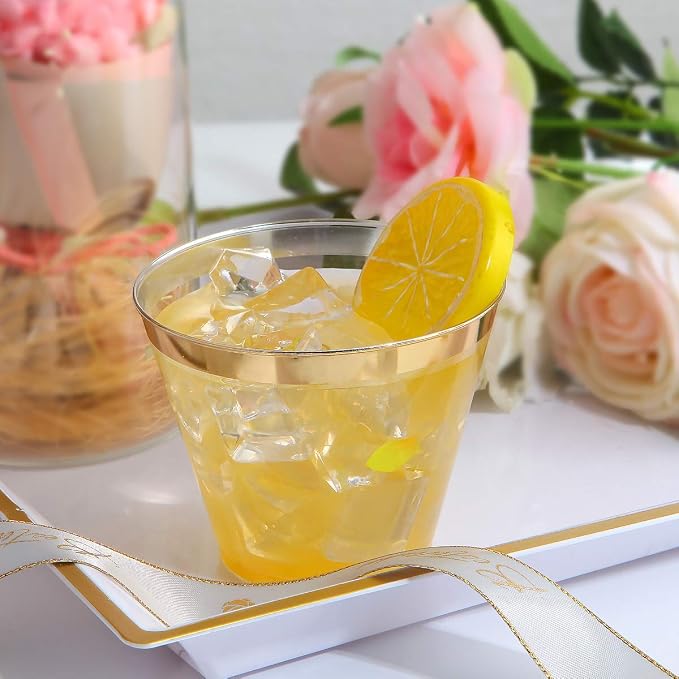 I00000 200 Pack Gold Plastic Cups, 9 Oz Elegant Clear Plastic Cups Gold Rimmed - Image 5