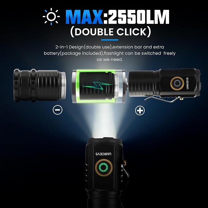 UNROEVS 2550 Lumen 2-in-1 Small Flashlight, Led Rechargeable Flashlights High - Image 2
