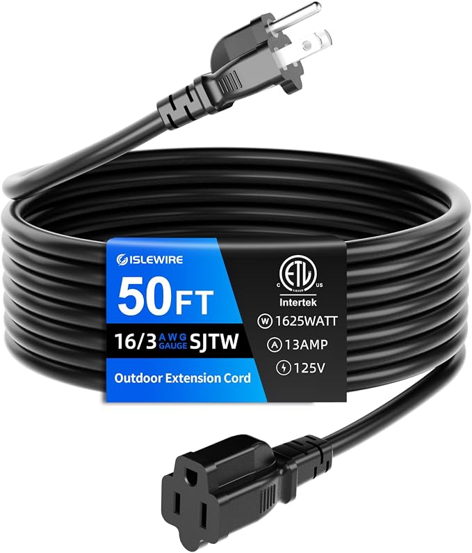 50 FT Outdoor Extension Cord Waterproof, 3-Prong Power Cord, 16 AWG SJTW by ISLEWIRE