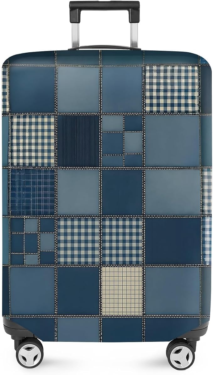 ANNA QUEEN Blue Patchwork Luggage Cover, Modern Grid Suitcase Protector by ANNAQUEEN