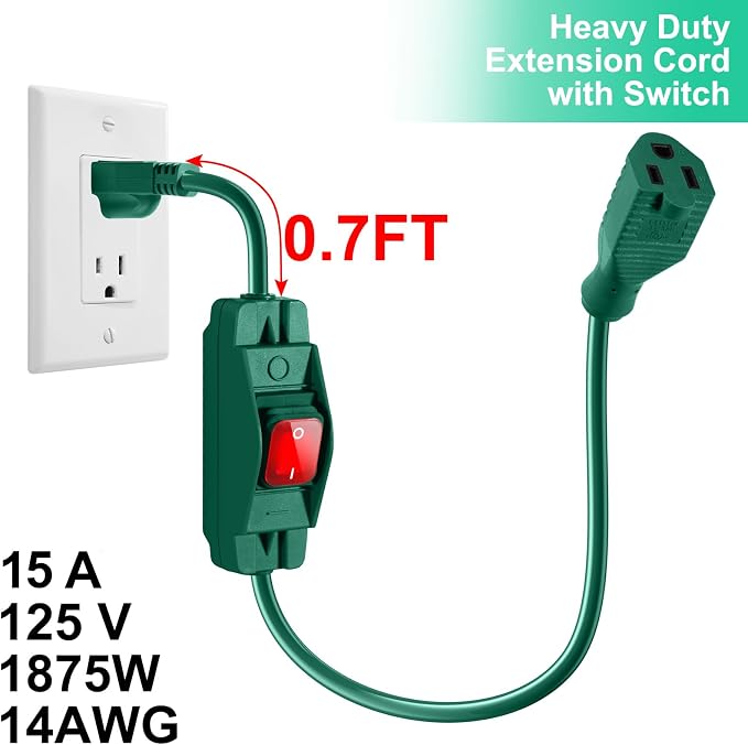 Outdoor Waterproof On/Off Switch Extension Cord, Heavy Duty 125v/250v Black - Image 3