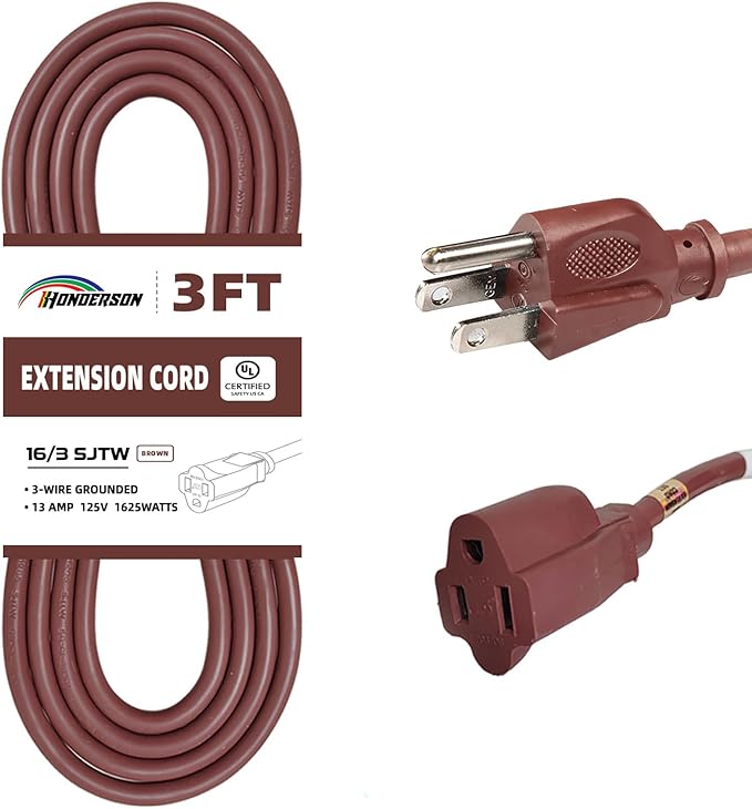 3FT Brown Extension Cord-16/3 SJTW Durable Extension Cord by HONDERSON