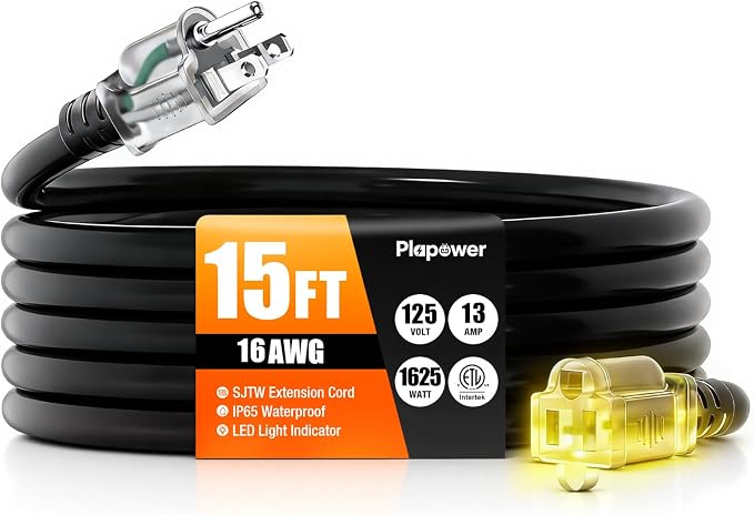15 FT Outdoor Extension Cord Waterproof, 16/3 Gauge Heavy Duty 3 Prong Power by Unknown