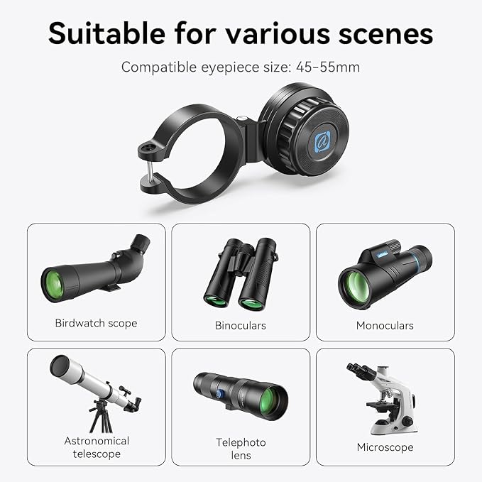 APEXEL Magnetic Telescope Phone Adapter, 45-55mm Aluminum Foldable Photo - Image 2