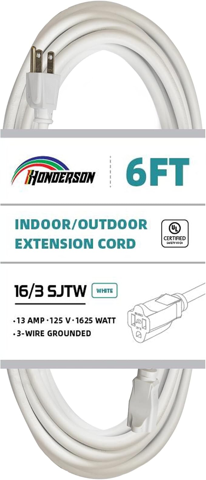 Indoor Outdoor Extension Cord Weatherproof, UL Listed, 16 Gauge 6FT White 3 by HONDERSON