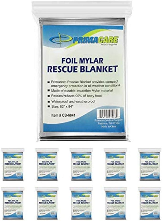 Primacare HB-10 Emergency Mylar Thermal Blankets – 10 Pack, Waterproof by Primacare