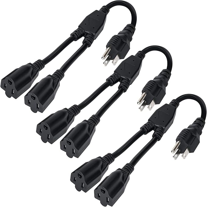Elecan 3-Prong Y Splitter Power Extension Cord 1 FT/3 Pack, Straight Plug 1 to by Elecan
