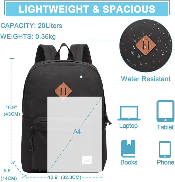 VASCHY Lightweight Backpack for School, Classic Basic Water Resistant Casual - Image 3