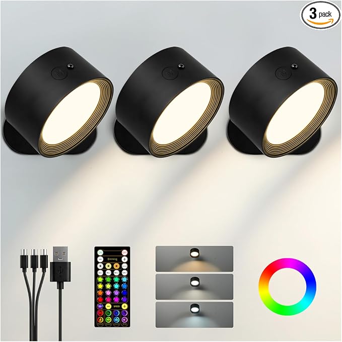 Wall Mounted Lights, 3 Pack Rechargeable RGB Color Changing Light, 3 Color by AMETHEUS