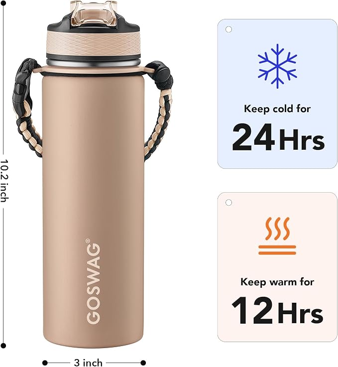 GOSWAG Insulated Sports Water Bottle, 24oz 2 Lids, Stainless Steel Water Bottles - Image 2