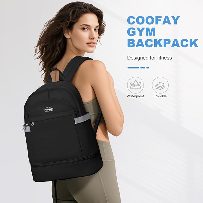 coofay Black Gym Backpack For Women Men Travel Backpack - Image 3