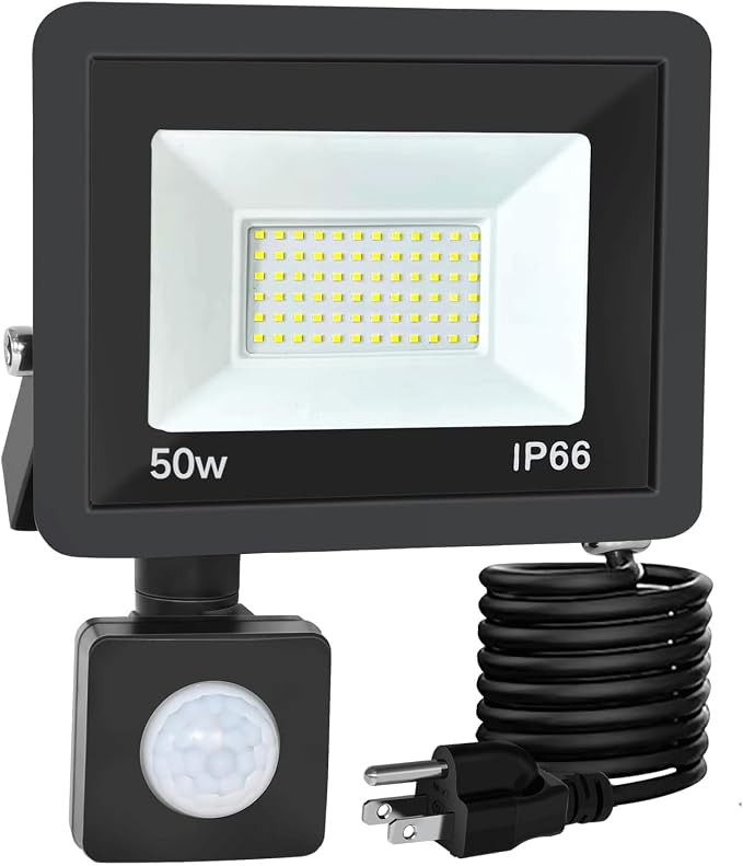 50W Plug in Motion Sensor Lights Outdoor, 5500LM Motion Flood Light Dusk to Dawn by Rerbio