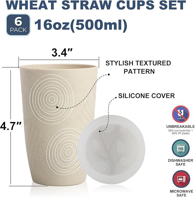 Wrova Wheat Straw Cups with Silicone Covers 16oz Set of 6 - Image 2