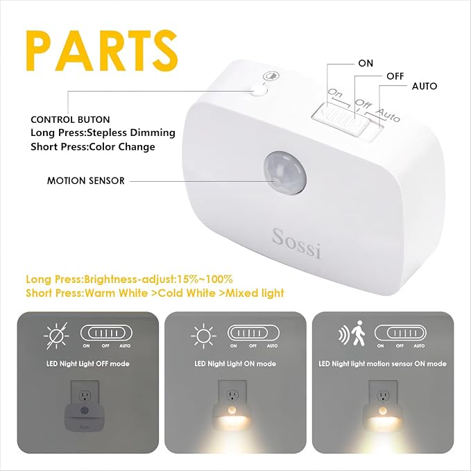 Sossi Motion Sensor Night Light Plug in 4 Pack, 10-60Lm Stepless Dimming - Image 4