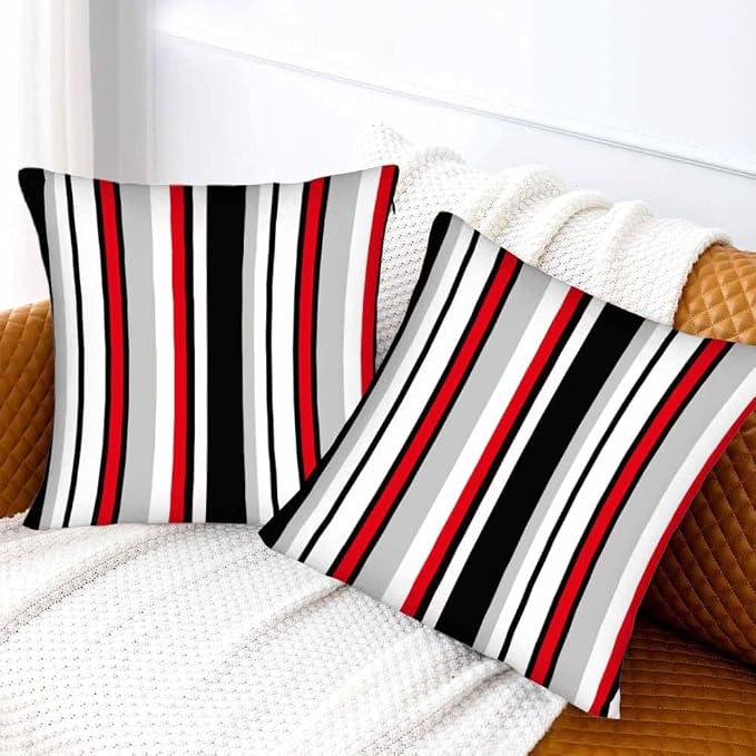 Vertical Lines Striped Pillow Covers 18 X 18 Black White Grey Red Watercolor - Image 2