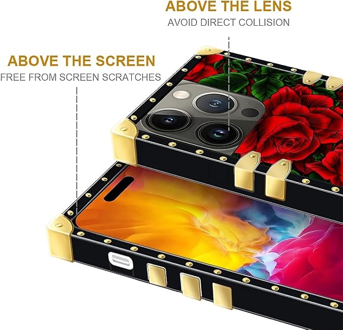Compatible with iPhone 15 Pro Case, Vector Red Rose Green Leaf Luxury Golden - Image 7