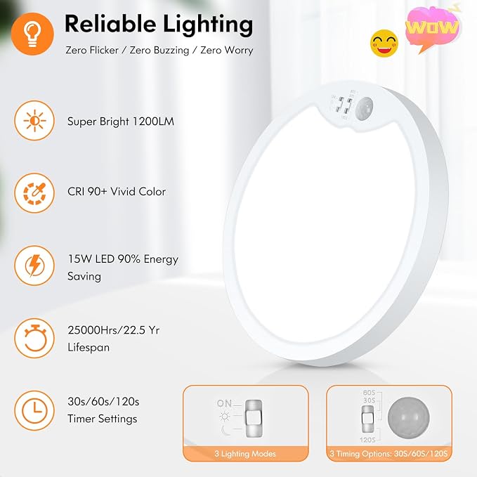 Brightever 2 Pack Motion Sensor Ceiling Light Wired, 2700K/4000K/6500K Small - Image 6