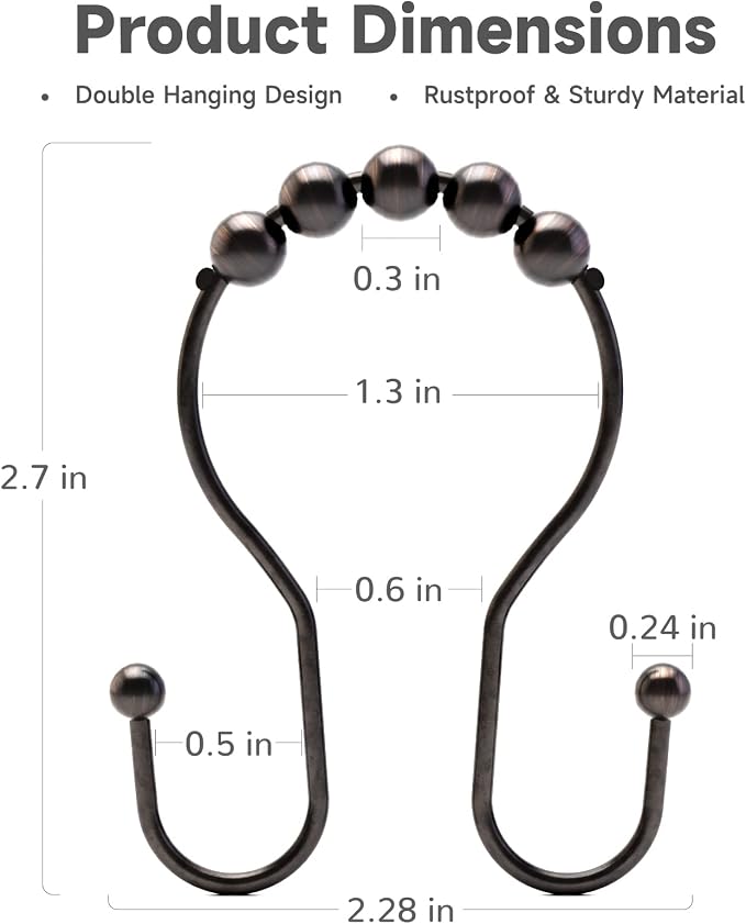 Bathway Shower Curtain Hooks Bronze Shower Curtain Rings Rust Proof Double Hook - Image 5