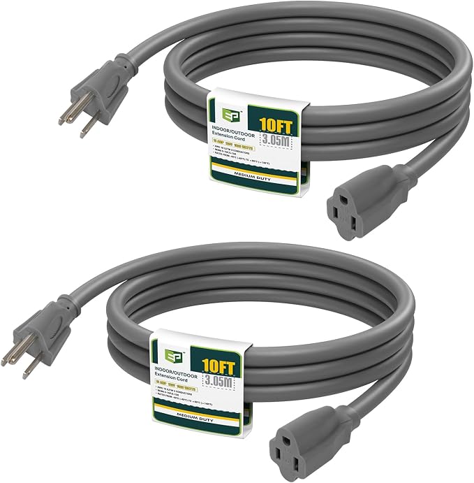 EP 2 Pack 10 Ft Outdoor Extension Cord, 16/3 SJTW Heavy Duty Power Cord by ENERGYPRO