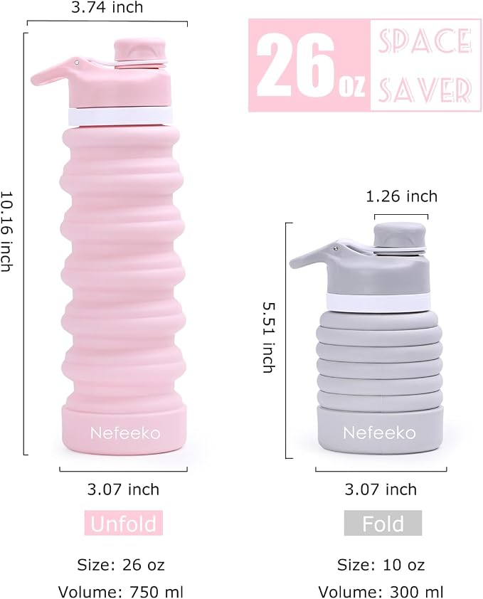 Nefeeko Collapsible Water Bottle, 26oz Silicone Foldable Water Bottles - Image 3