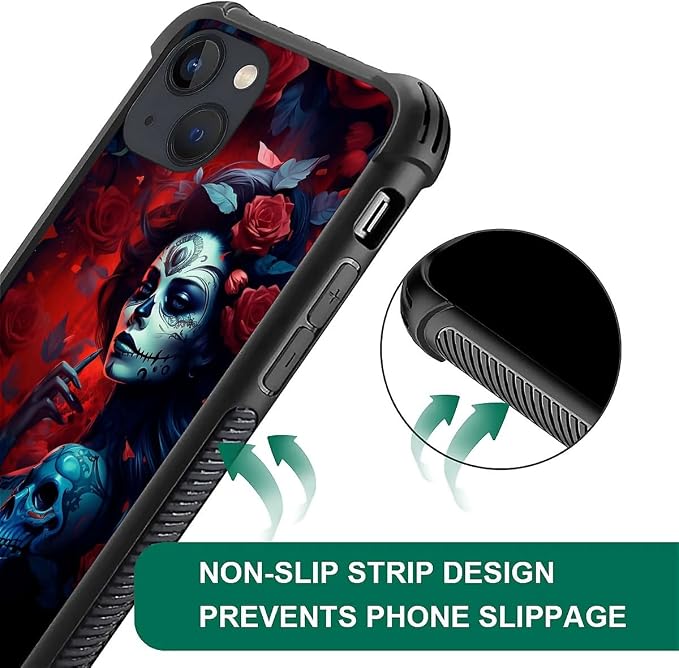 for iPhone 14 Case, Skull Lady Rose Pattern Graphic Design Girl Boy Soft - Image 6