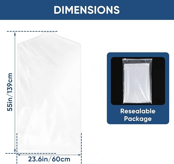 50 Pack 23.6"x55" Garment Bags for Hanging Clothes, Thick Clear Plastic Dry - Image 2