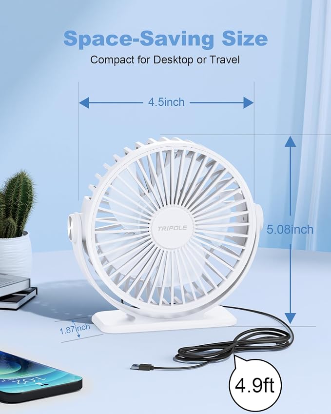 TriPole Desk Fan USB Powered Mini Portable Fan, 3 Speeds Adjustable Strong - Image 3
